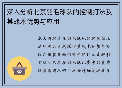 深入分析北京羽毛球队的控制打法及其战术优势与应用