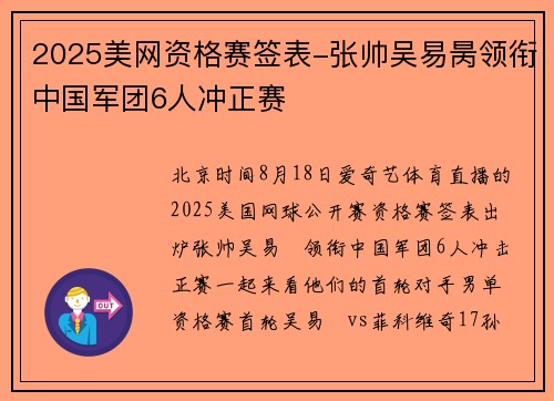 2025美网资格赛签表-张帅吴易昺领衔中国军团6人冲正赛