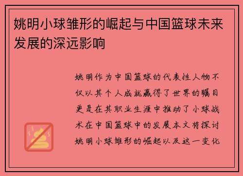 姚明小球雏形的崛起与中国篮球未来发展的深远影响